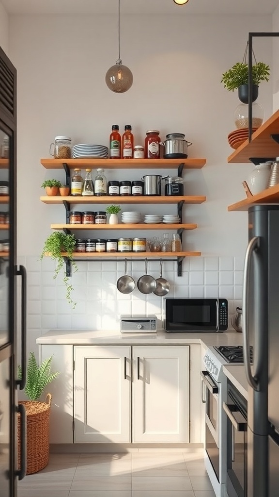 A small kitchen with open shelving displaying jars, spices, and dishes, along with hanging pots and a cozy plant.