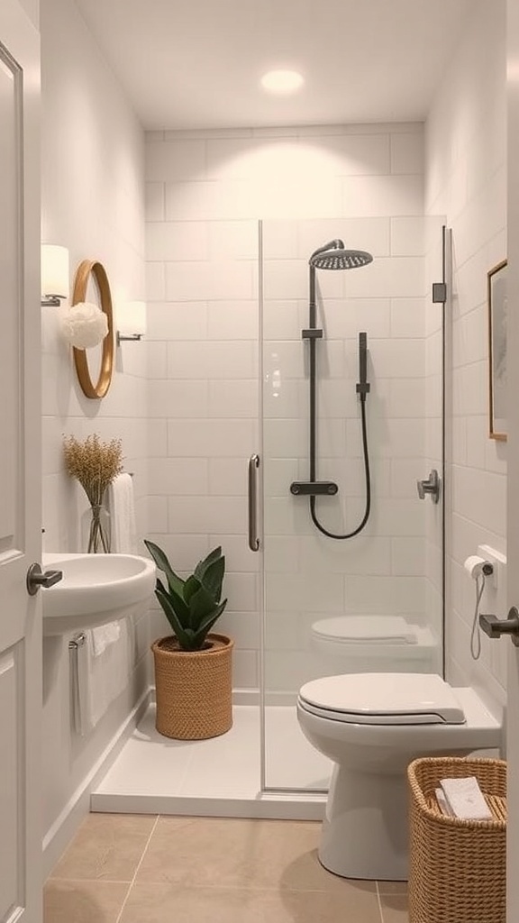 Small bathroom with stand-up shower and vertical storage solutions.