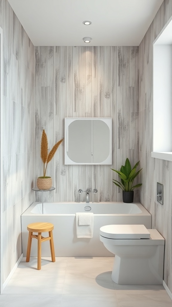 A small bathroom featuring vertical wood-like tiles, a bathtub, a plant, and a modern toilet.