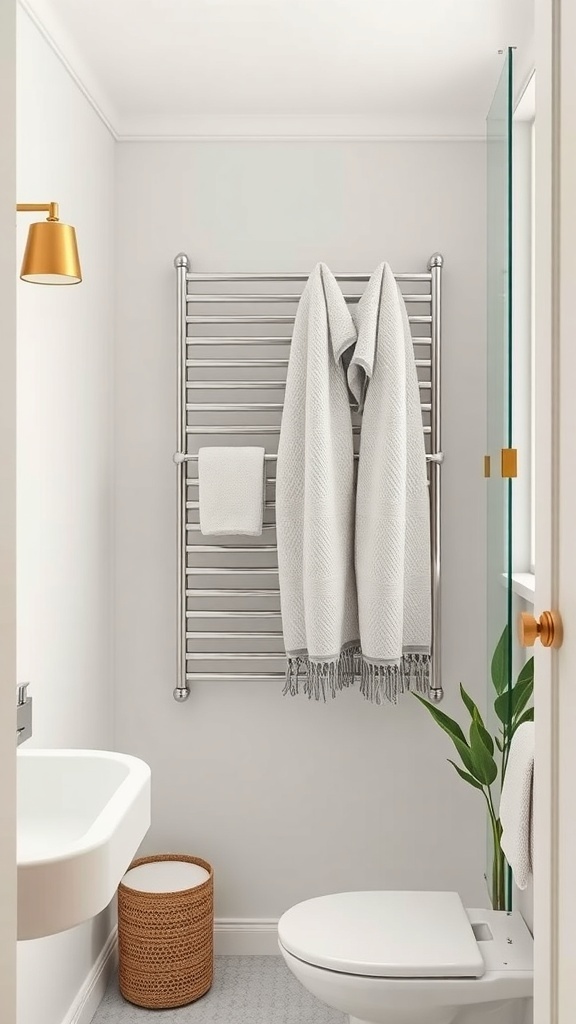 A modern vertical towel rack in a small bathroom, holding neatly arranged towels.