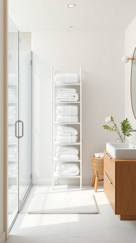 A modern bathroom with a vertical towel ladder storing neatly stacked white towels.