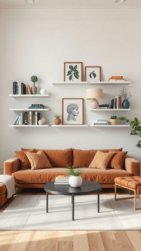 A cozy living room featuring vertical wall-mounted shelves with books and decorative items.