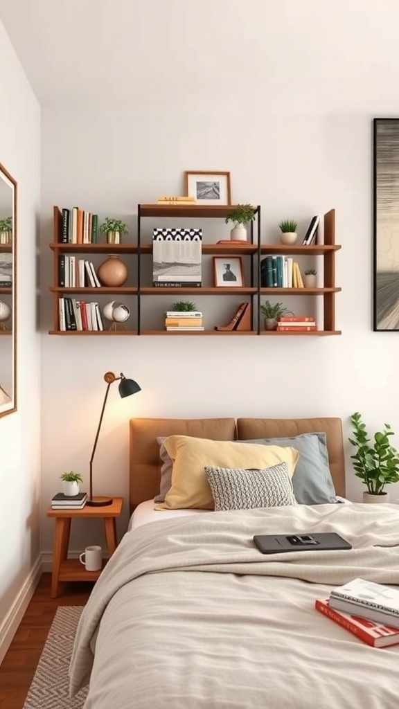 A cozy bedroom featuring vertical wall shelves with books, plants, and decorative items.