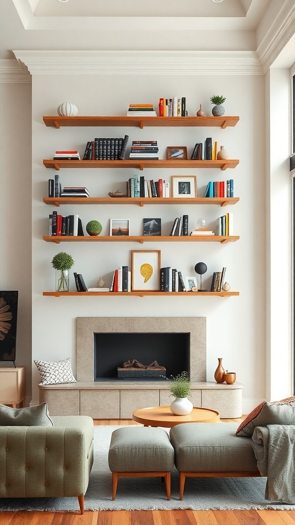 Stylish vertical wall shelving with books and decorative items