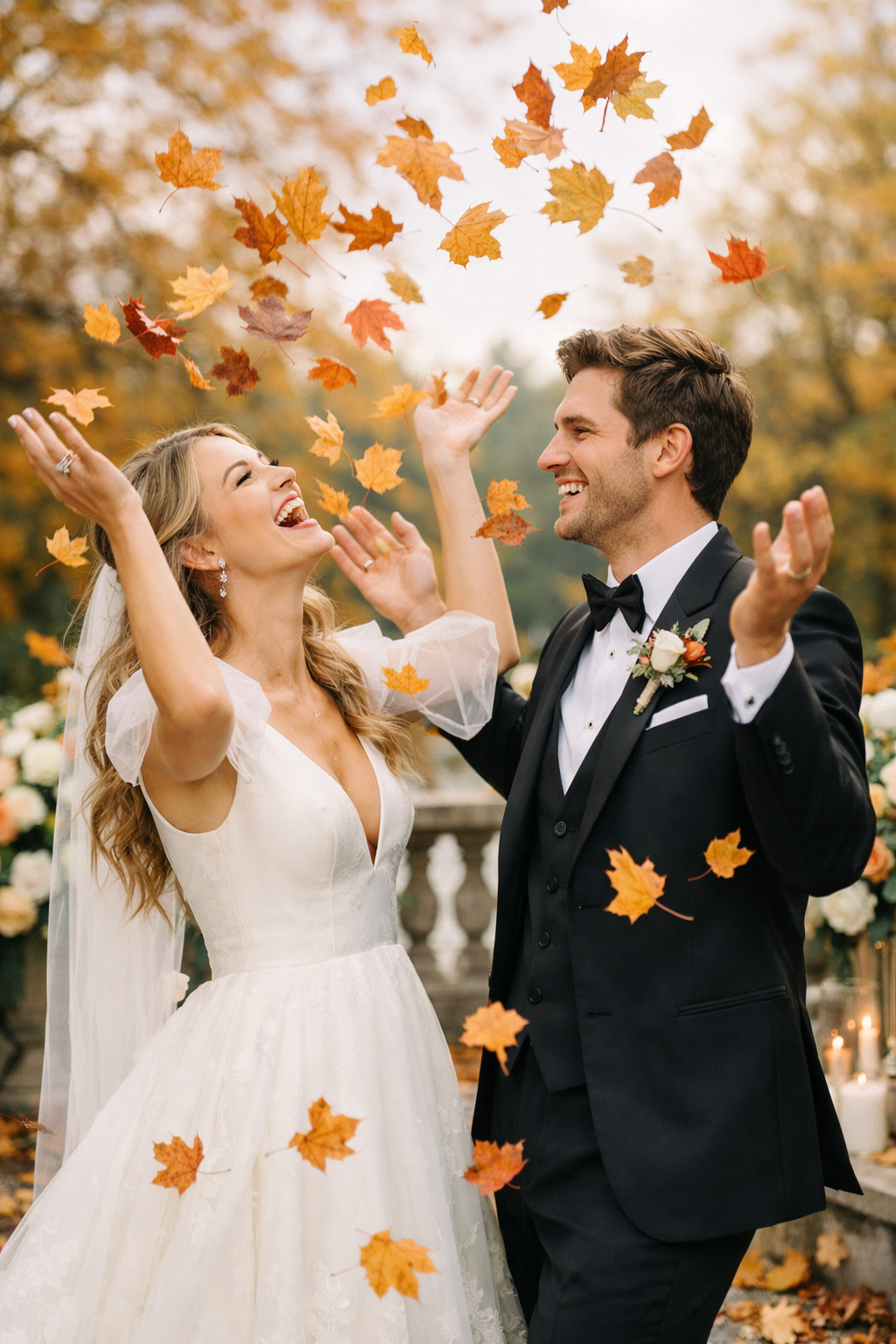 Couple in formal attire joyfully tossing autumn leaves in the air during engagement photoshoot.