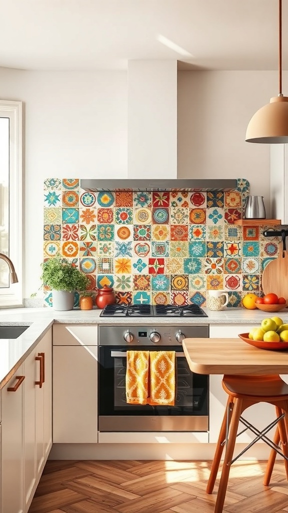 Colorful tile backsplash in a modern kitchen