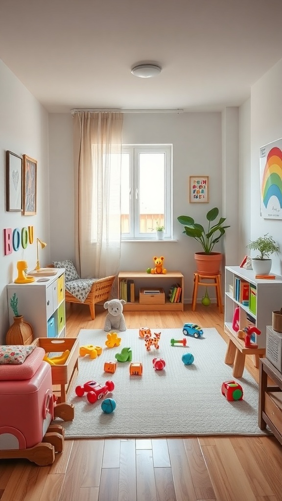 A vibrant children's playroom filled with toys, colorful furniture, and natural light.