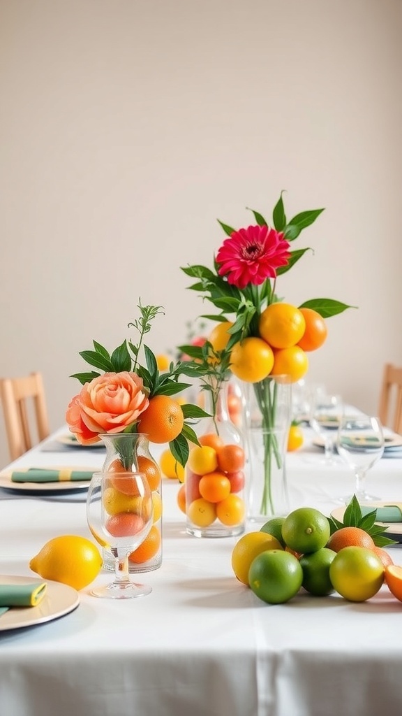 Beautifully arranged citrus-themed bridal shower table with vibrant centerpieces featuring fruits and flowers.