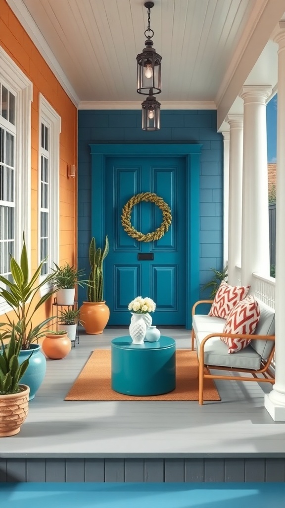 A vibrant porch entrance with an orange wall, teal door, and colorful seating.