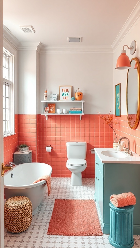 A vibrant bathroom featuring coral tiles and aqua accents, with a freestanding tub and modern decor.