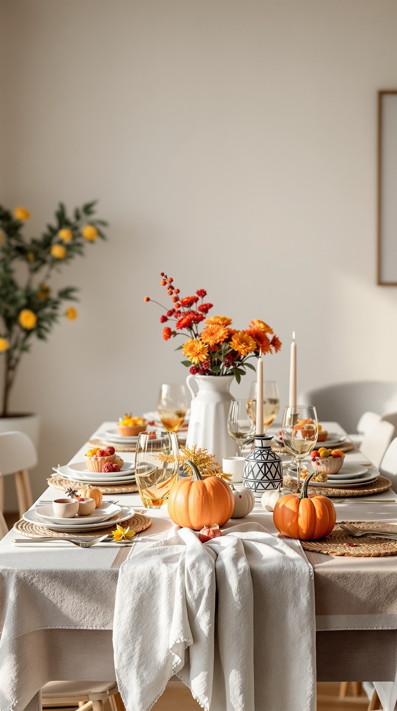 A beautifully set Thanksgiving table featuring pumpkins, flowers, and elegant glassware.