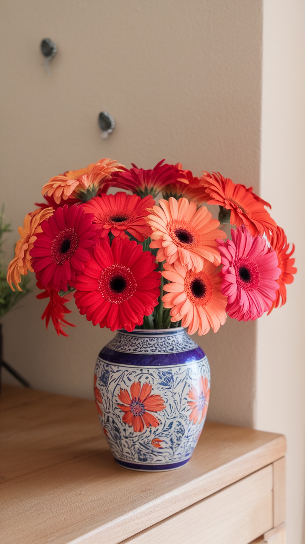 A vibrant bouquet of gerbera daisies in red, orange, and pink colors in a decorative vase.