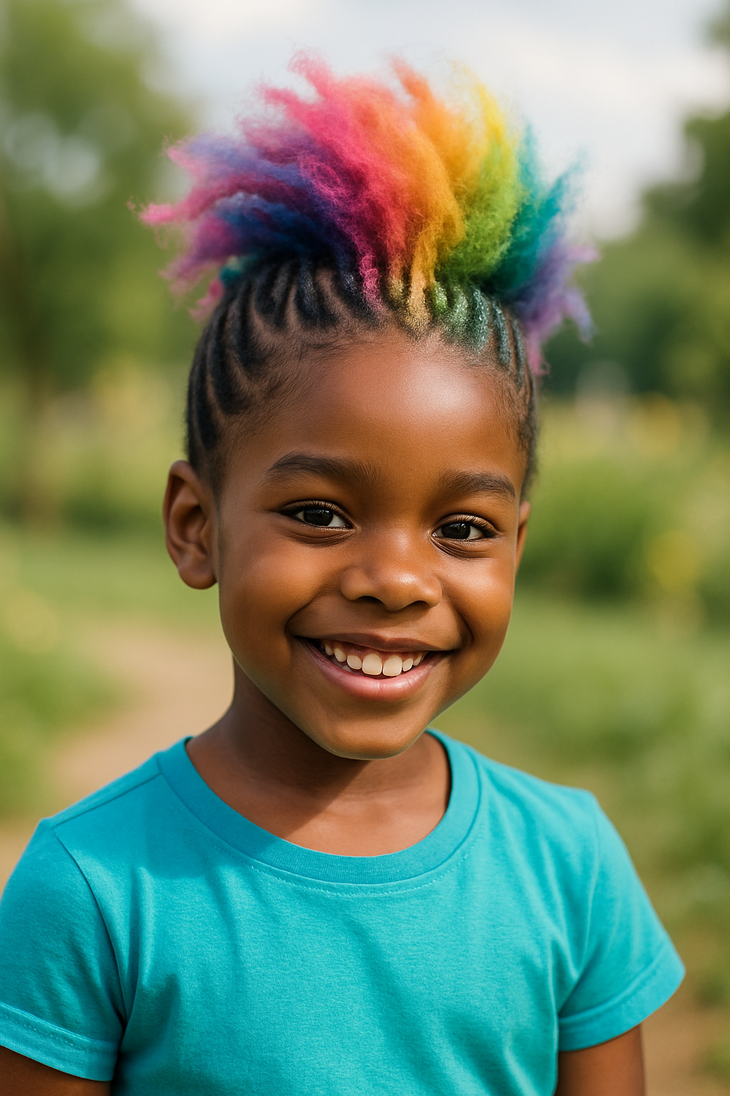 A smiling child with a colorful rainbow mohawk hairstyle, wearing a teal shirt.