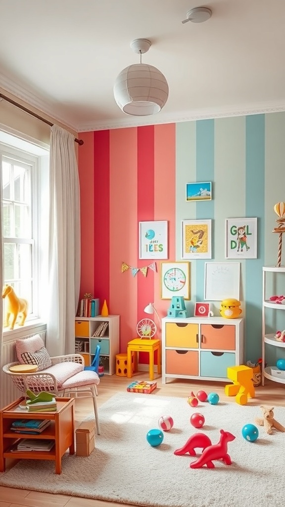 A colorful children's room featuring striped walls in coral and blue, with playful decor and toys scattered around.