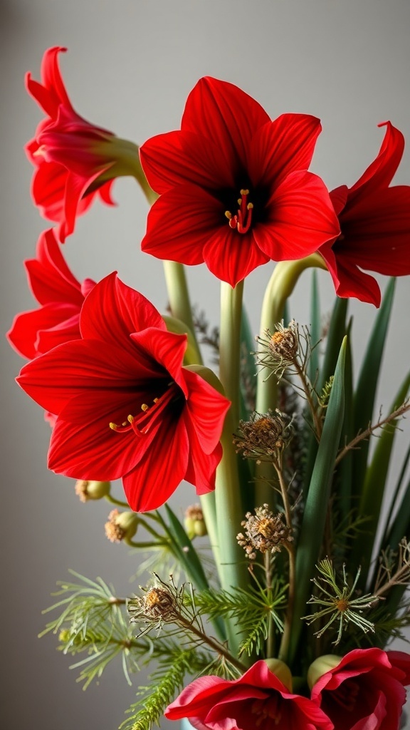 A bouquet featuring vibrant red amaryllis flowers with gold accents and seasonal greenery.