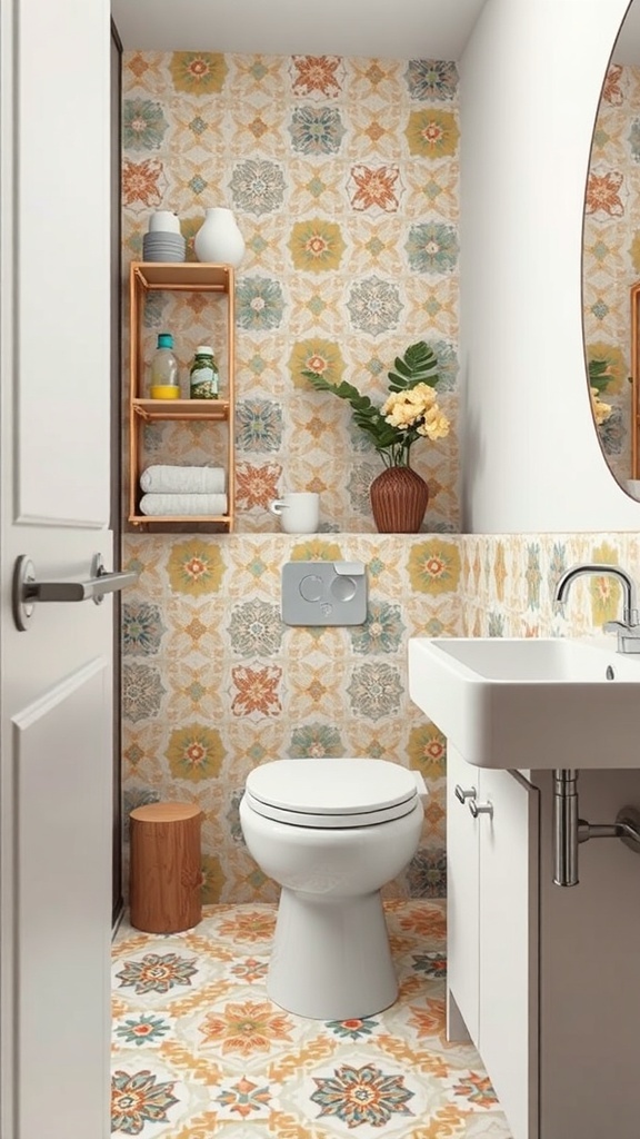 A colorful bathroom with patterned tiles on the walls and floor, featuring wooden accents and plants.