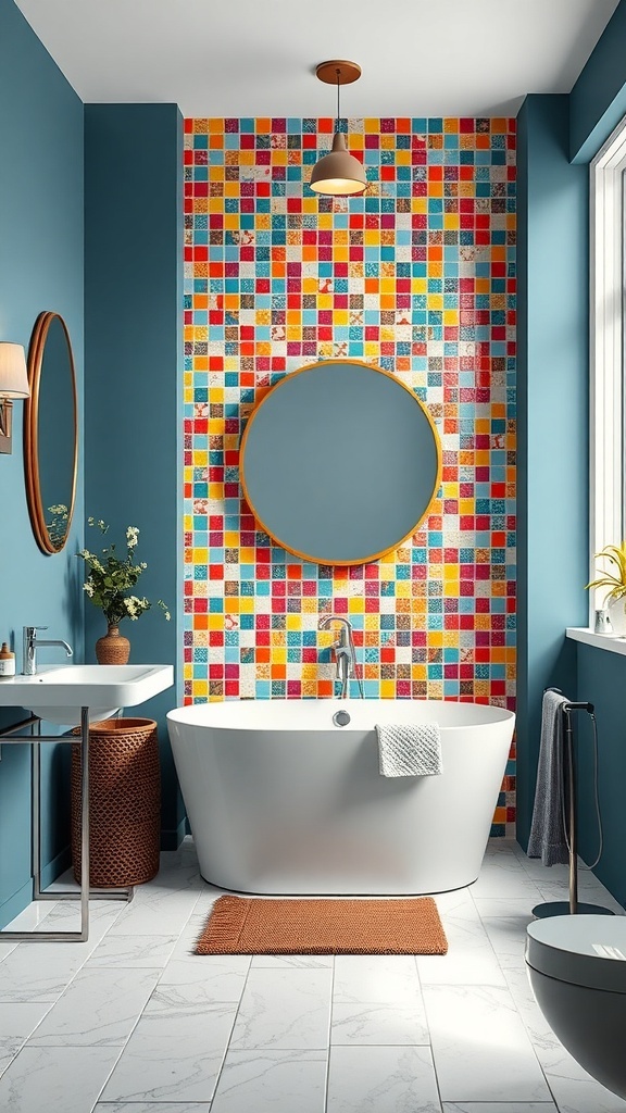 A bathroom featuring a vibrant tile mosaic accent wall with colorful tiles, a round mirror, and teal walls.