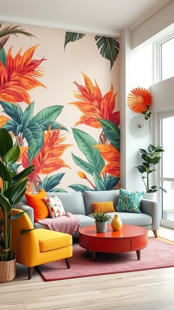 A living room with a vibrant tropical mural featuring orange flowers and green leaves, complemented by colorful furniture.