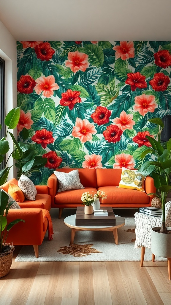 Living room with vibrant tropical print wallpaper featuring hibiscus flowers and green leaves, complemented by orange furniture and indoor plants.