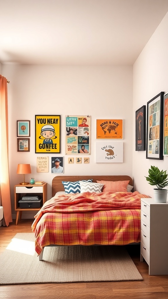 A small teen bedroom featuring colorful wall art, a cozy bed with a plaid blanket, and a stylish nightstand.