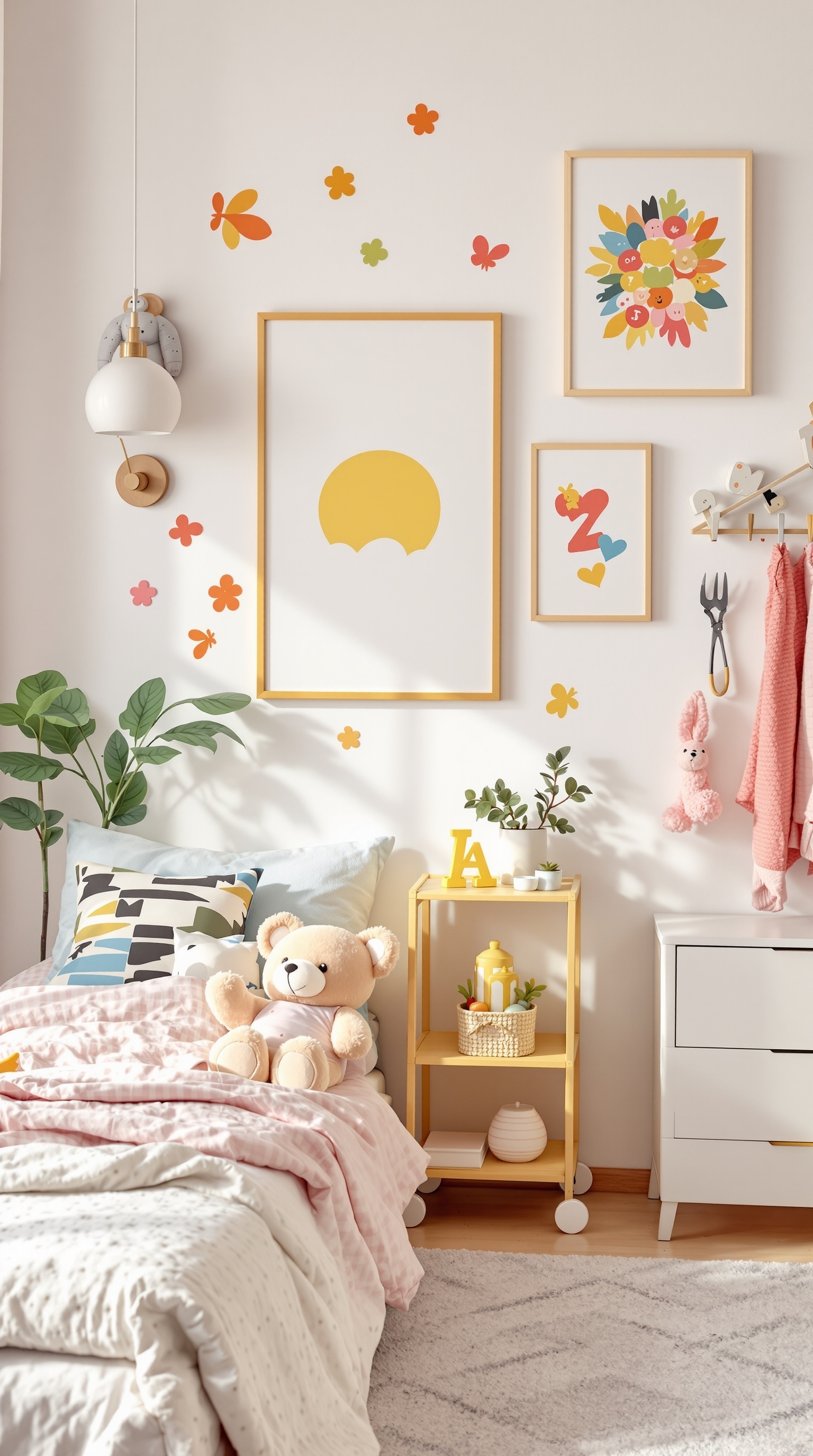 A colorful toddler room with playful wall decor, including flower stickers and framed art, featuring a cozy bed and a teddy bear.