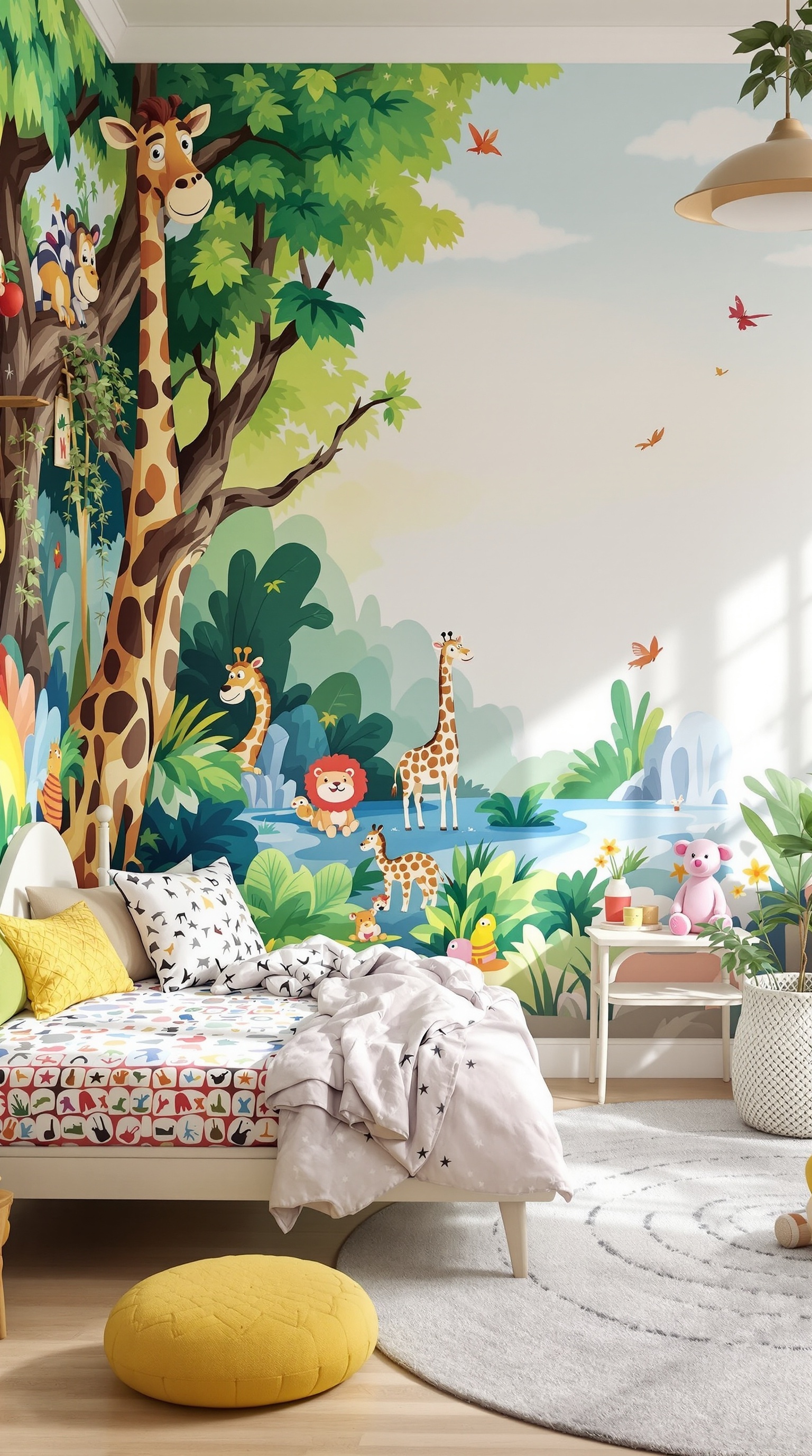 A colorful mural featuring giraffes, a lion, and lush greenery in a kids' room.