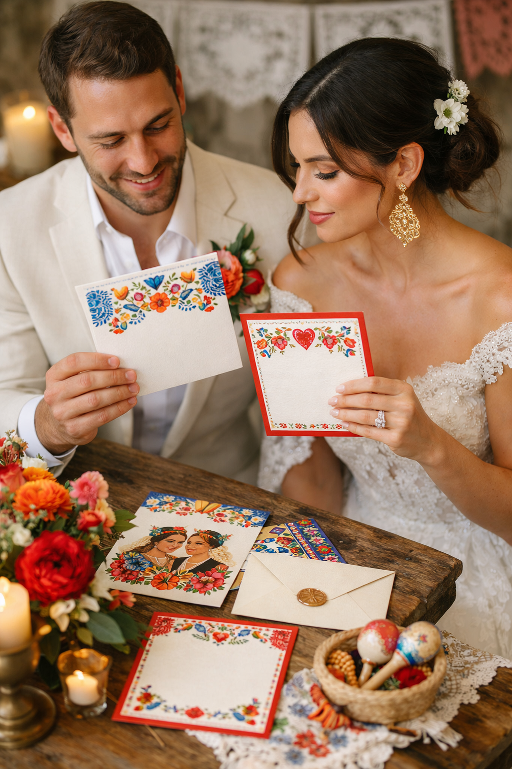 A couple highlights vibrant Mexican wedding invitations decorated with colorful floral patterns and traditional designs.