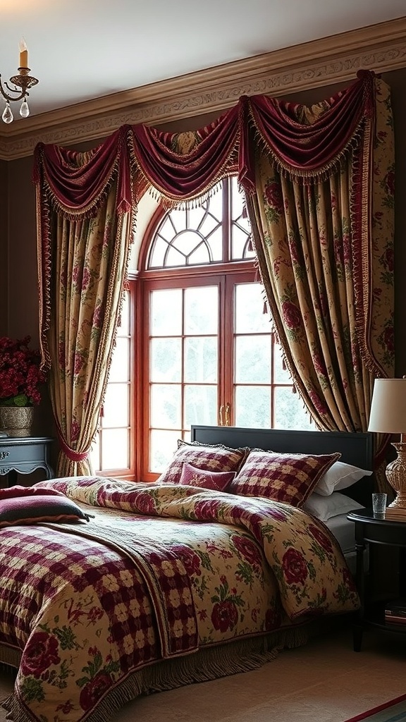 A romantic goth bedroom featuring Victorian-inspired textiles with floral patterns and rich colors.