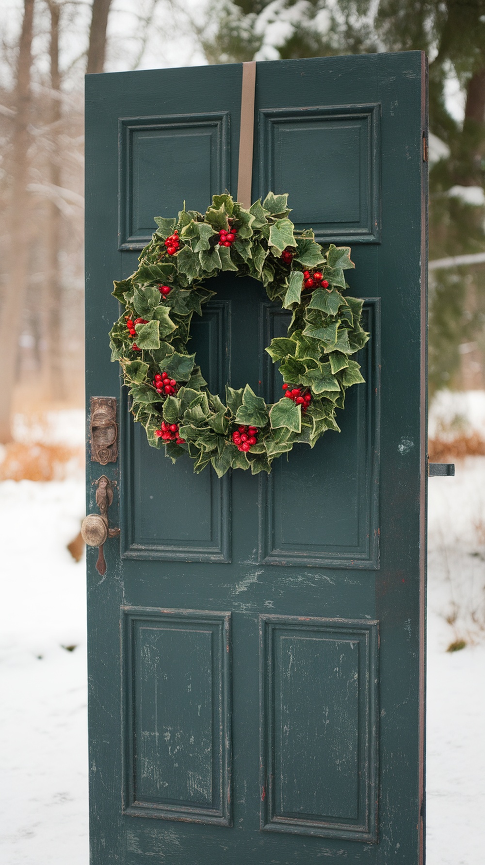 A Victorian-inspired wreath made of ivy and red berries on a green door in a snowy setting.