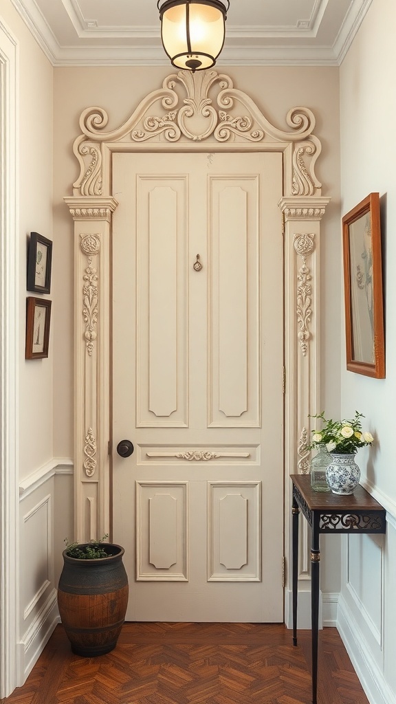 Victorian decorative door casing with intricate designs and a warm color palette