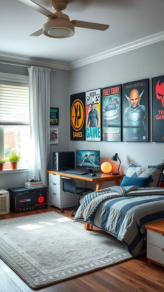 A stylish boys bedroom designed as a video game paradise with posters, a computer desk, and cozy decor.