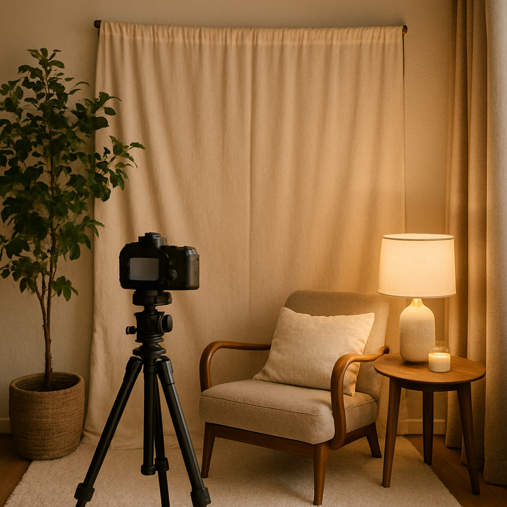 A cozy video message booth setup with a camera on a tripod, a comfortable chair, and soft lighting.