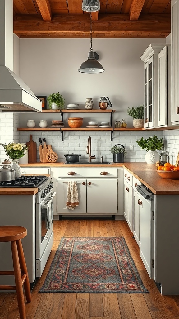 A modern rustic kitchen featuring vintage-inspired appliances, wooden shelves, and warm lighting.