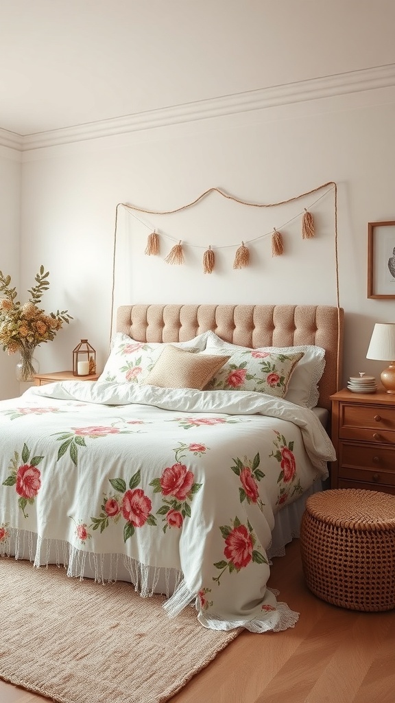A cozy boho bedroom featuring vintage-inspired floral bedding, a tufted headboard, and natural decor elements.