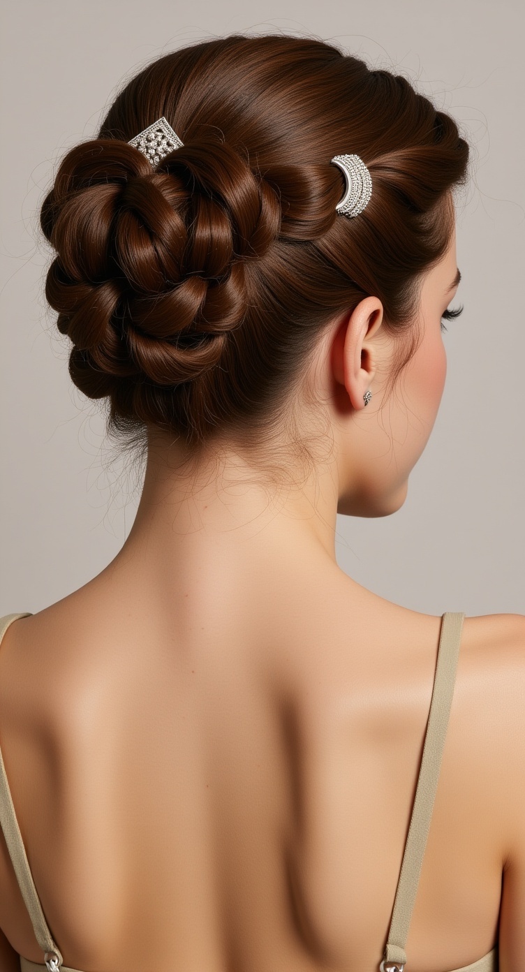 A vintage-inspired braided updo hairstyle with hair accessories.
