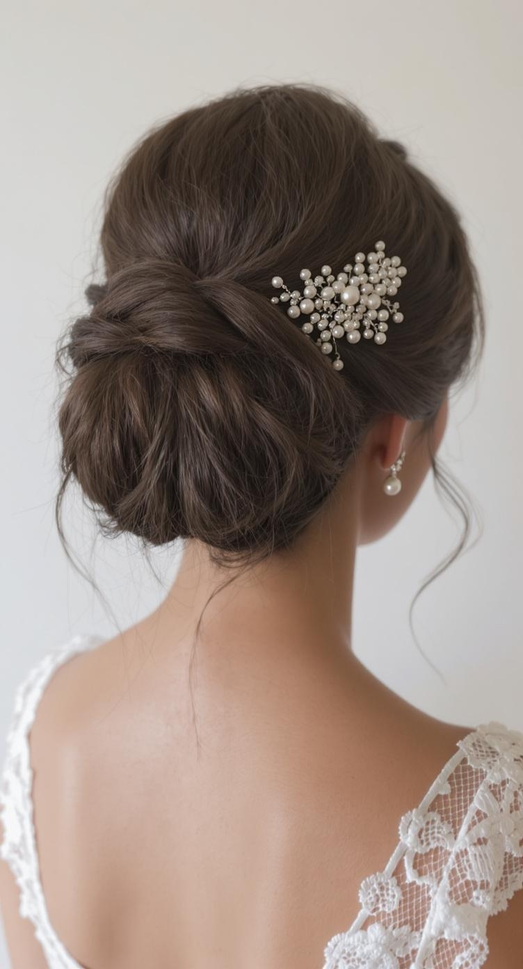 A vintage-inspired chignon hairstyle for bridesmaids, featuring soft waves and a pearl hair accessory.