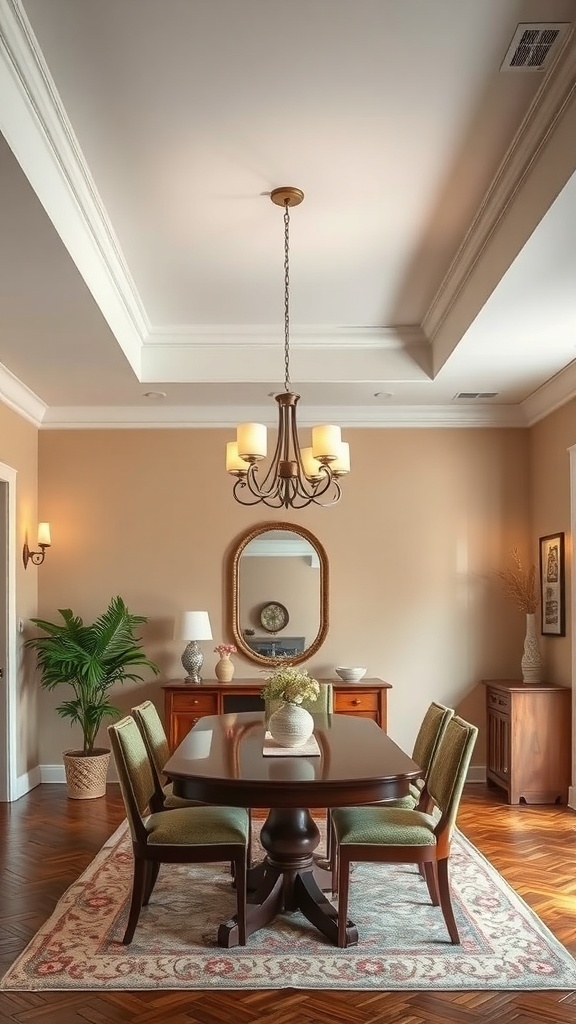 Cozy dining area with vintage-inspired tray ceiling and warm color palette.