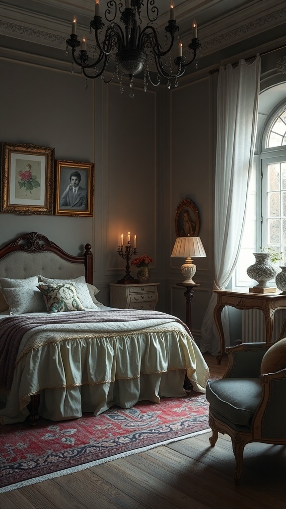 A vintage-inspired dark romantic bedroom featuring a ruffled bed, vintage furniture, and soft lighting.