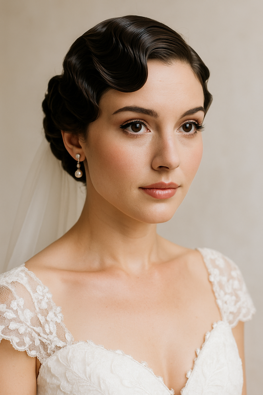 A bride with vintage-inspired finger waves hairstyle, showcasing elegance and beauty.