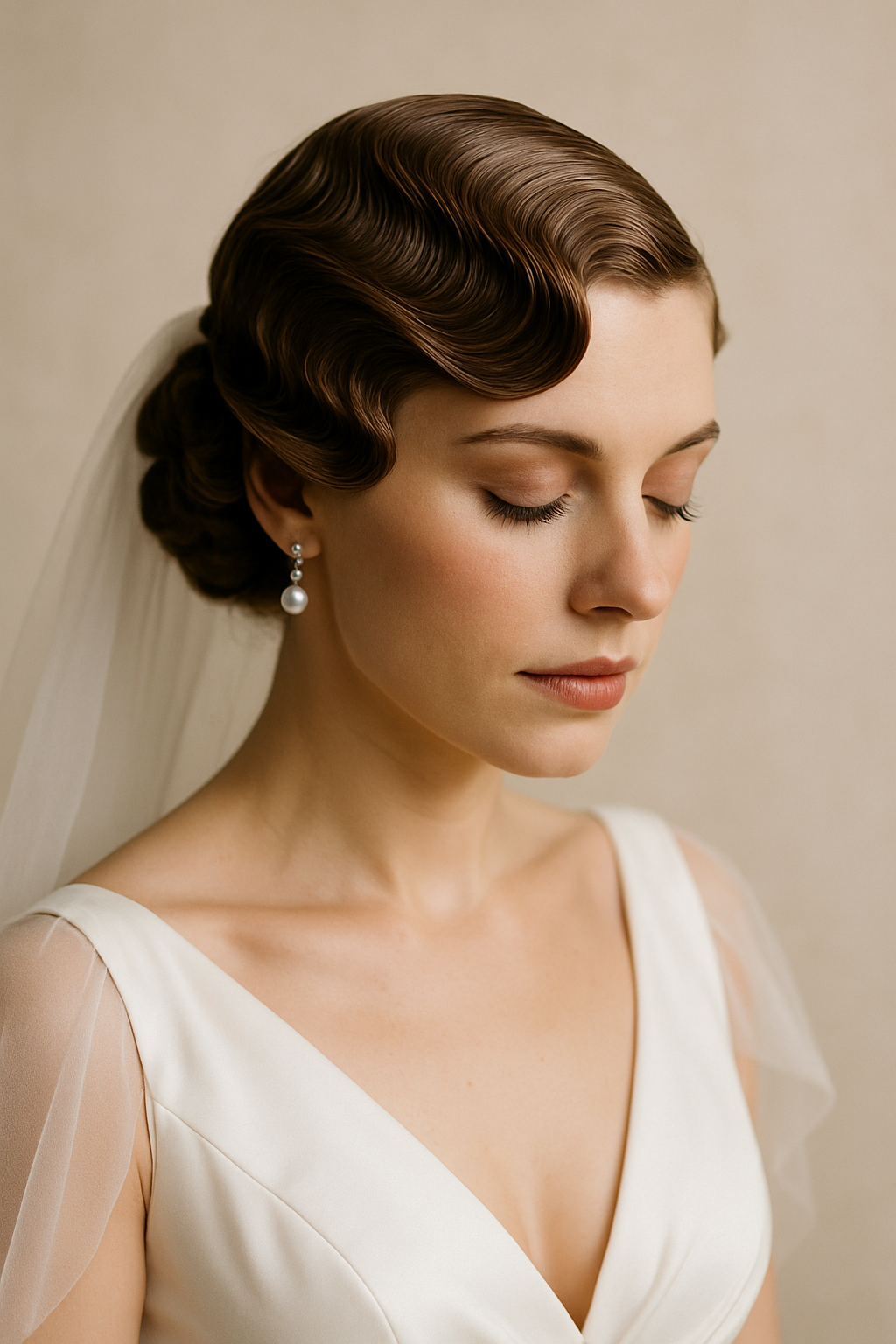 A bride with vintage-inspired finger waves, wearing pearl earrings and a wedding dress.