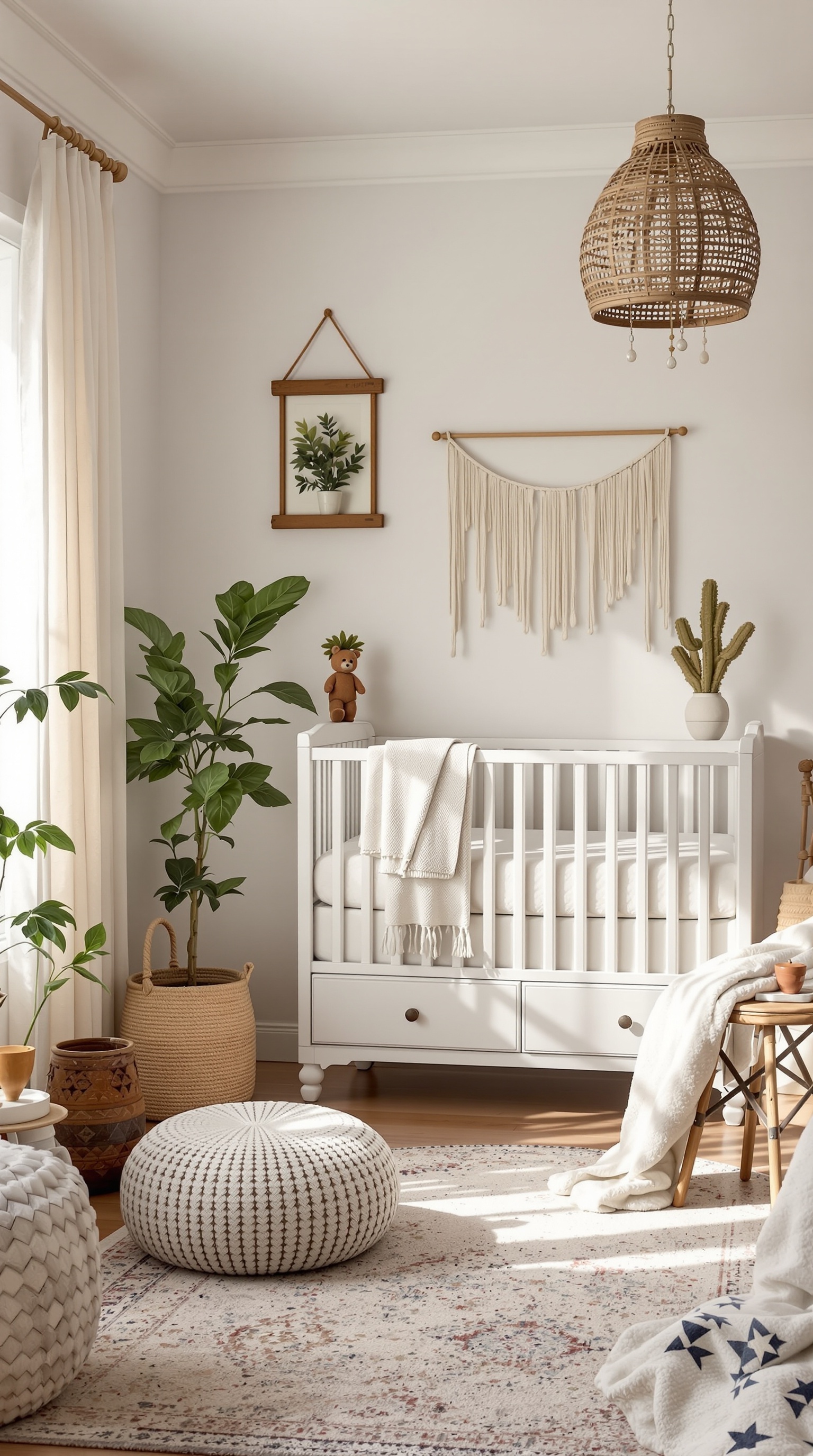 A cozy boho baby nursery featuring a white crib, vintage-inspired furniture, plants, and soft textures.