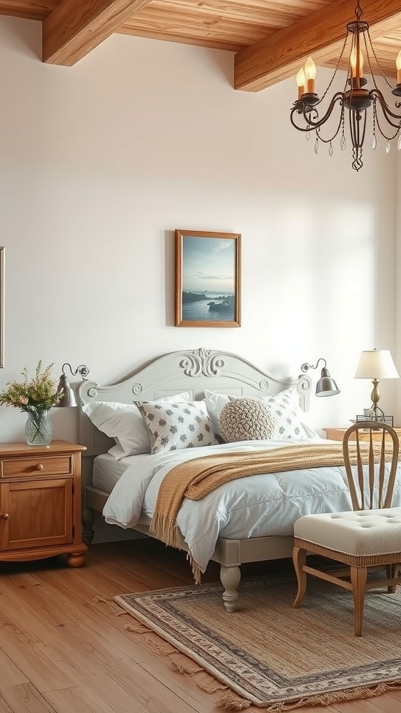 A romantic vintage bedroom featuring a cozy bed with a decorative headboard, wooden nightstand, and elegant chandelier.