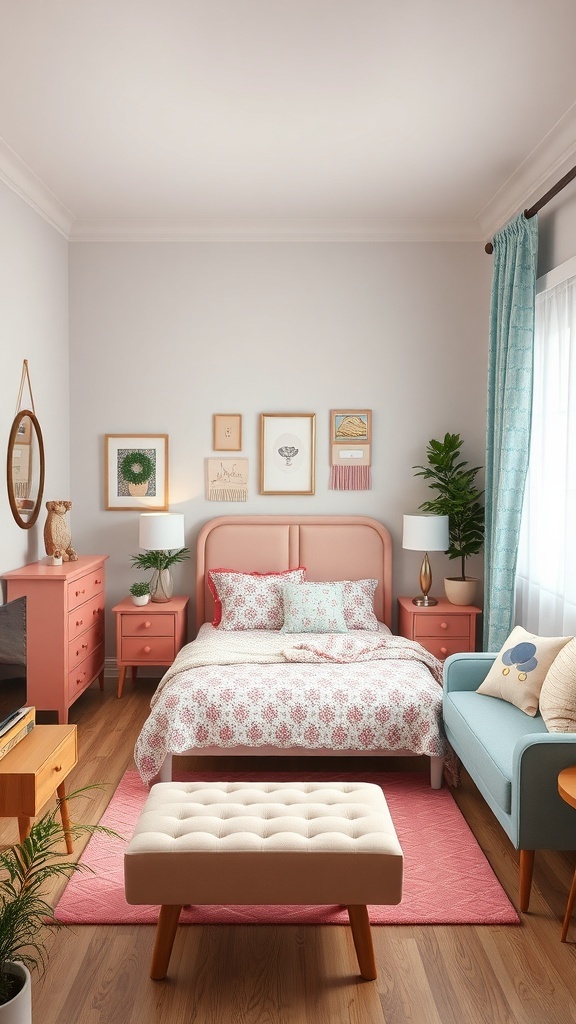 A vintage-inspired teen bedroom featuring pink furniture, floral bedding, and cozy decor.