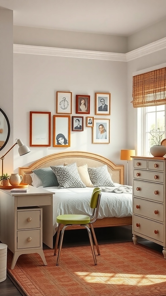 A vintage-inspired teen bedroom featuring a bed, desk, dresser, and colorful chair.