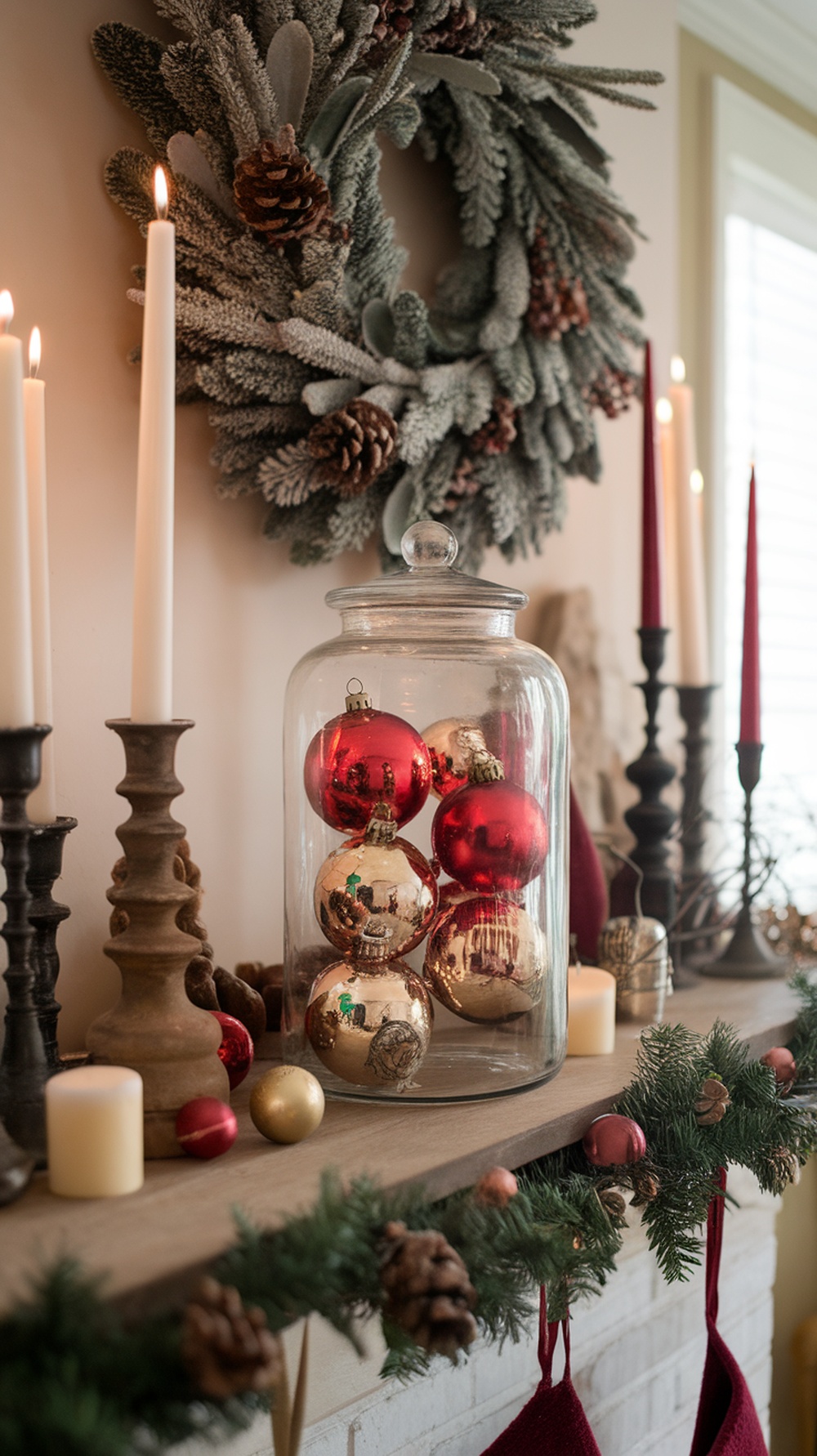A cozy holiday mantel display featuring a glass jar with vintage ornaments, a wreath, and candles.