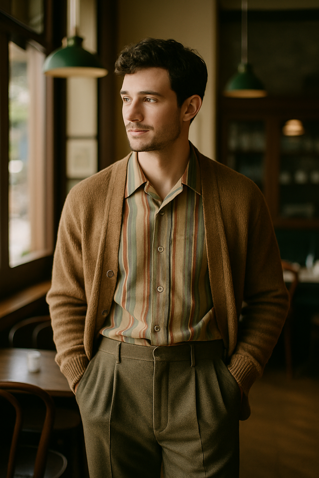 Man wearing a vintage-inspired outfit with a striped shirt and cardigan.