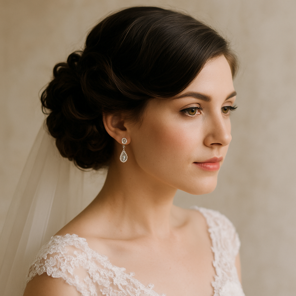 A bride with a vintage-inspired low updo hairstyle featuring soft curls and elegant earrings.