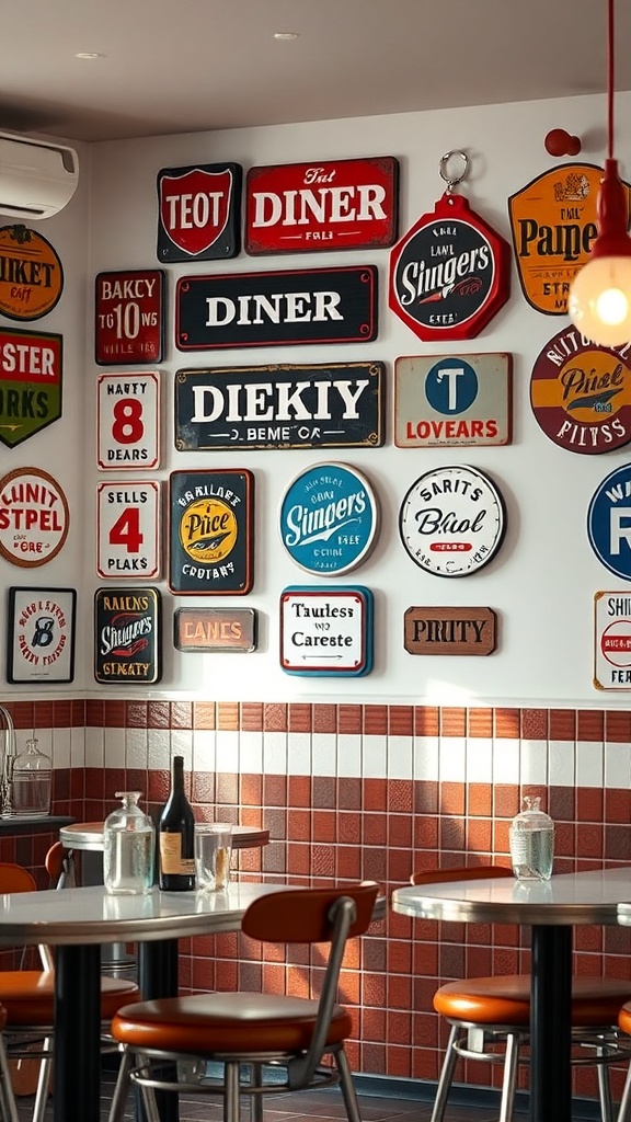 A collection of vintage-inspired metal signs displayed on a wall, featuring various diner themes and colorful designs.