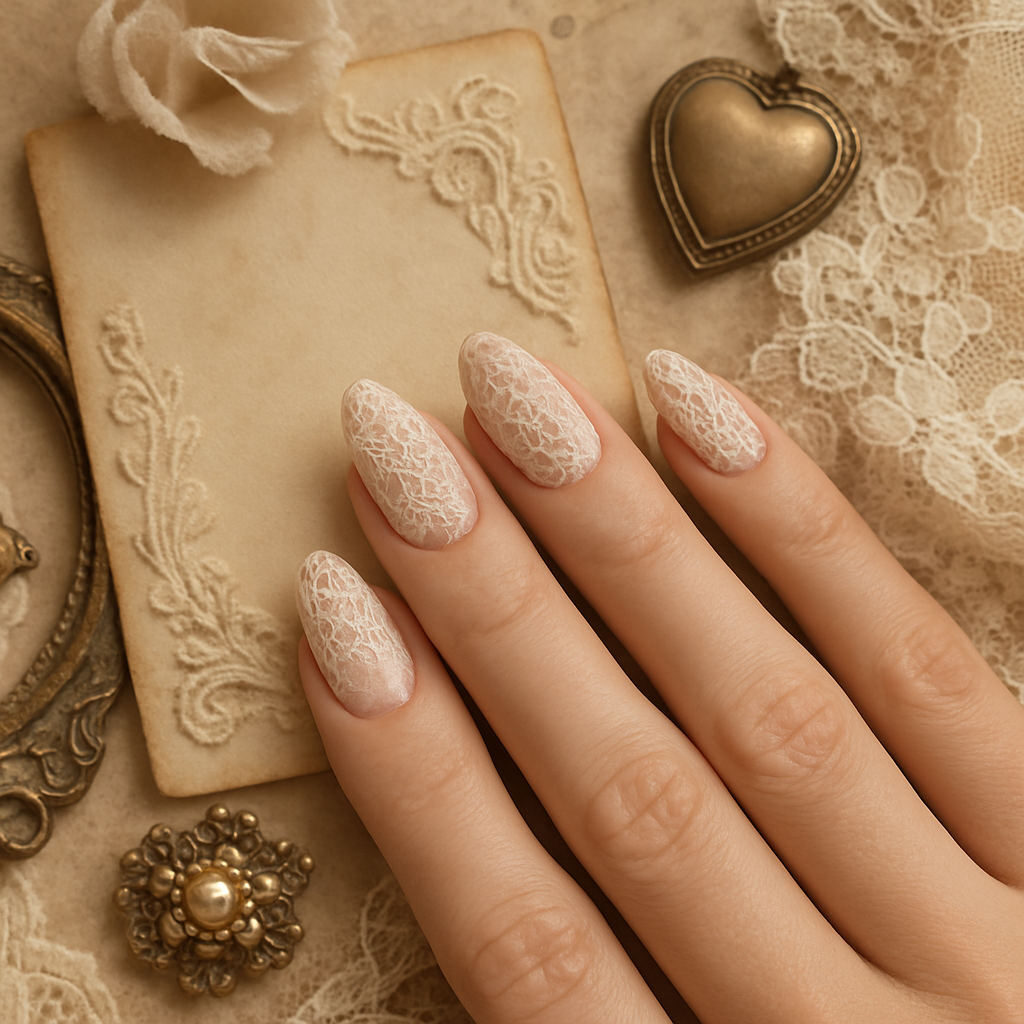 Vintage-inspired nail art featuring delicate lace patterns on long nails, set against a soft background with vintage elements.