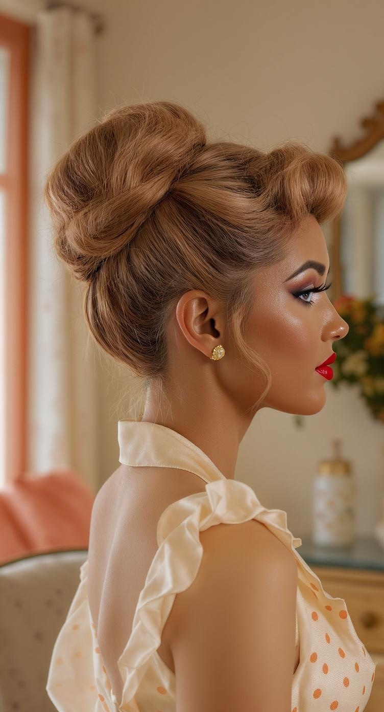 A woman with a vintage-inspired pin-up bun hairstyle, showcasing a polished look with soft waves framing her face.